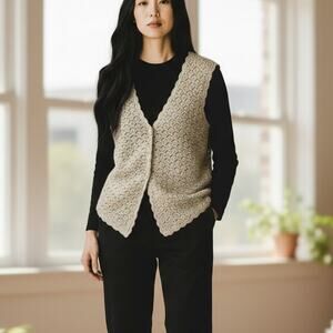 Vintage Karen Scott Handknits Cream Crochet Knit Tailored Vest Tank Top Small